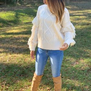 Ivory Fringe Sleeve Sweater NWT